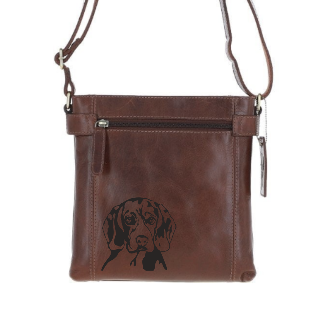 Beagle Face Engraved Leather Two Section Zip Top Crossbody Bag