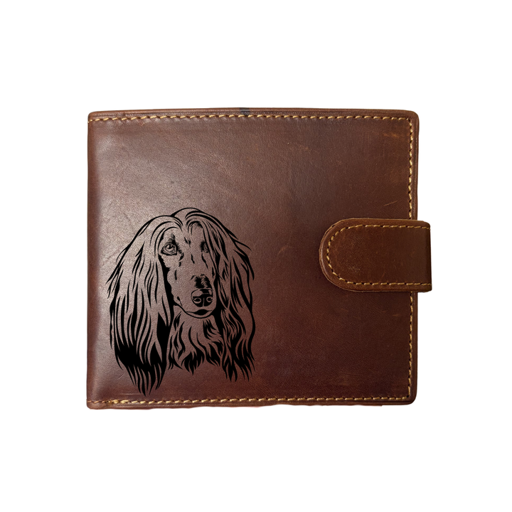 Personalised Afghan Hound Face Engraved Dark Tan Genuine Leather Wallet