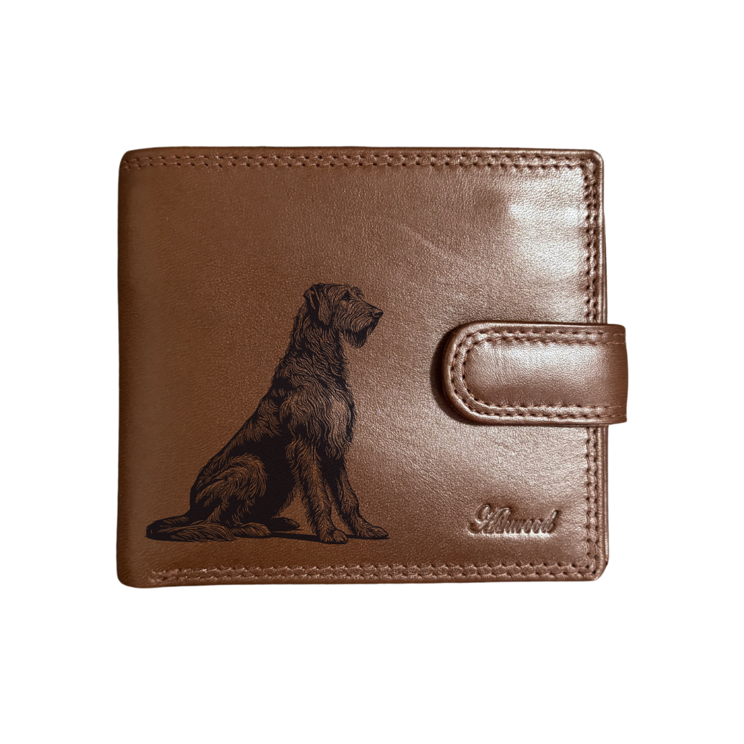 Personalised Irish Wolfhound Sitting Engraved Dark Tan Genuine Leather Wallet