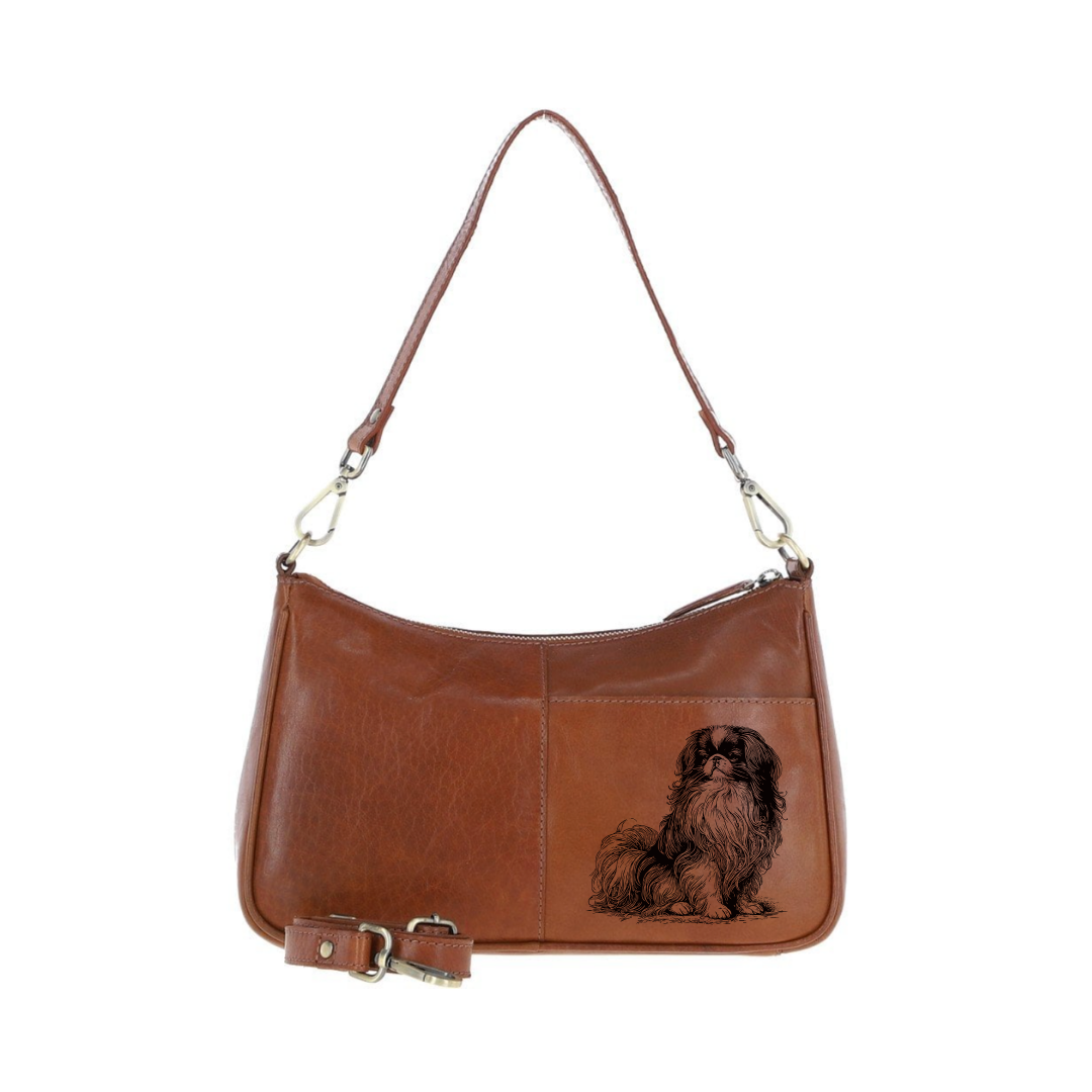 Japanese Chin Sitting Engraved Genuine Leather Shoulder Bag