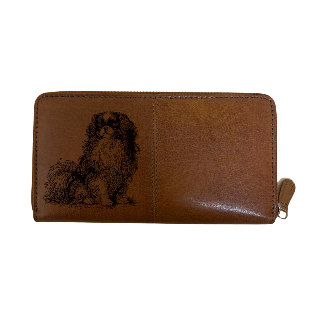 Japanese Chin Sitting Engraved Large Leather Purse