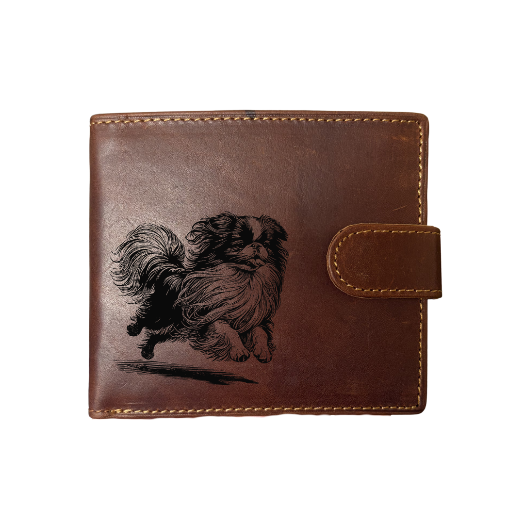 Personalised Japanese Chin Running Engraved Dark Tan Genuine Leather Wallet