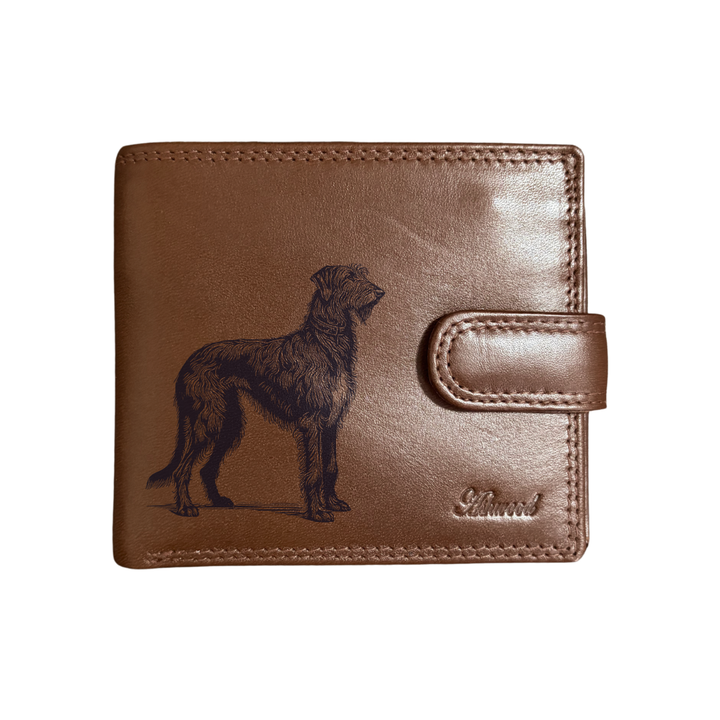 Personalised Irish Wolfhound Standing Engraved Dark Tan Genuine Leather Wallet