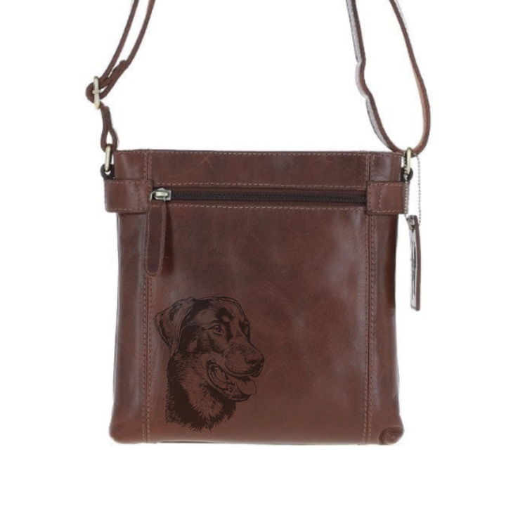 Basenji Standing Engraved Leather Two Section Zip Top Crossbody Bag