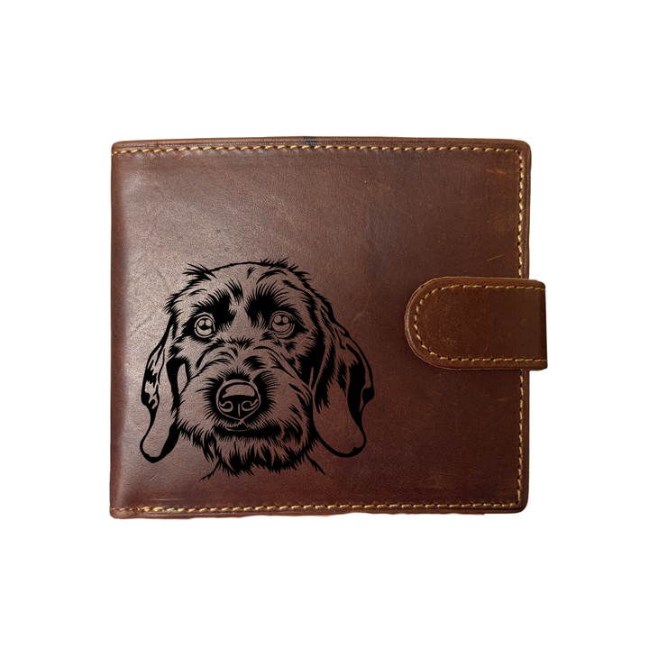 Personalised Wirehair Dachshund Face Engraved Dark Tan Genuine Leather Wallet