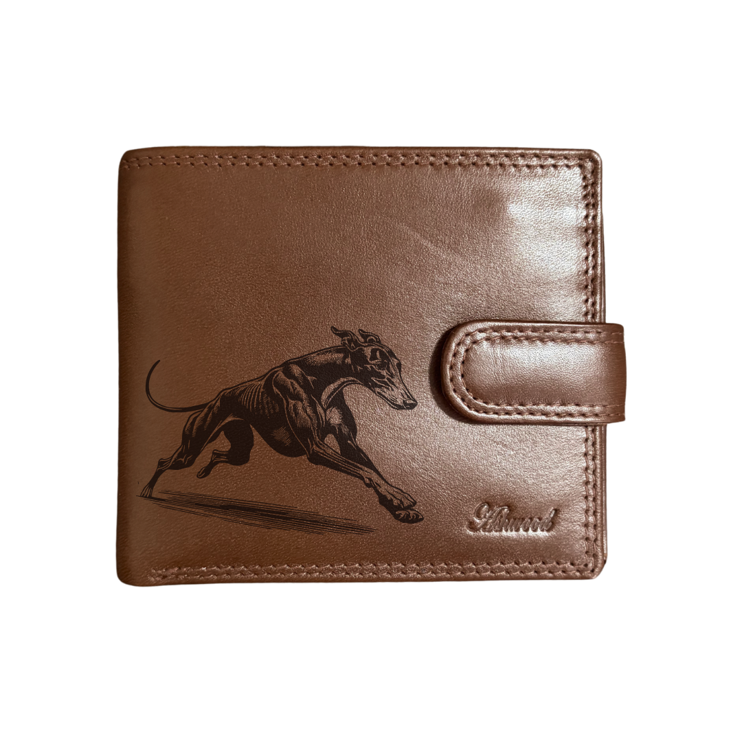 Personalised Greyhound Running Engraved Dark Tan Genuine Leather Wallet