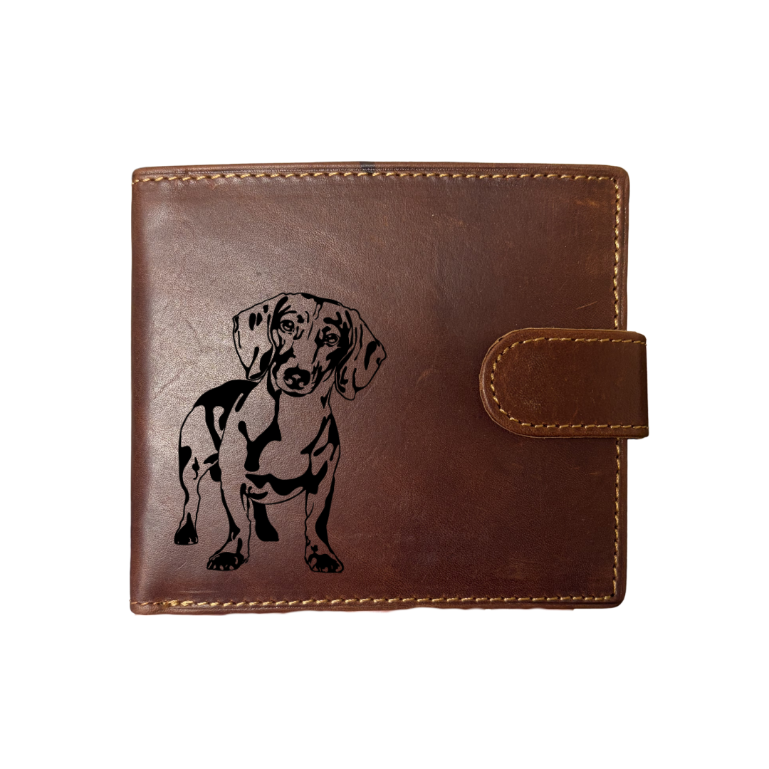 Personalised Dachshund Engraved Dark Tan Genuine Leather Wallet