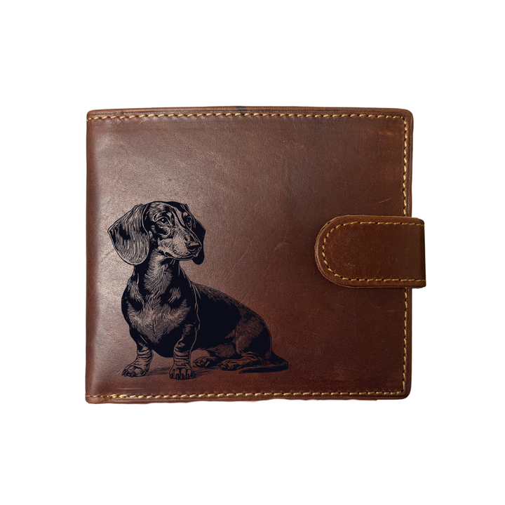 Personalised Dachshund Sitting Engraved Dark Tan Genuine Leather Wallet
