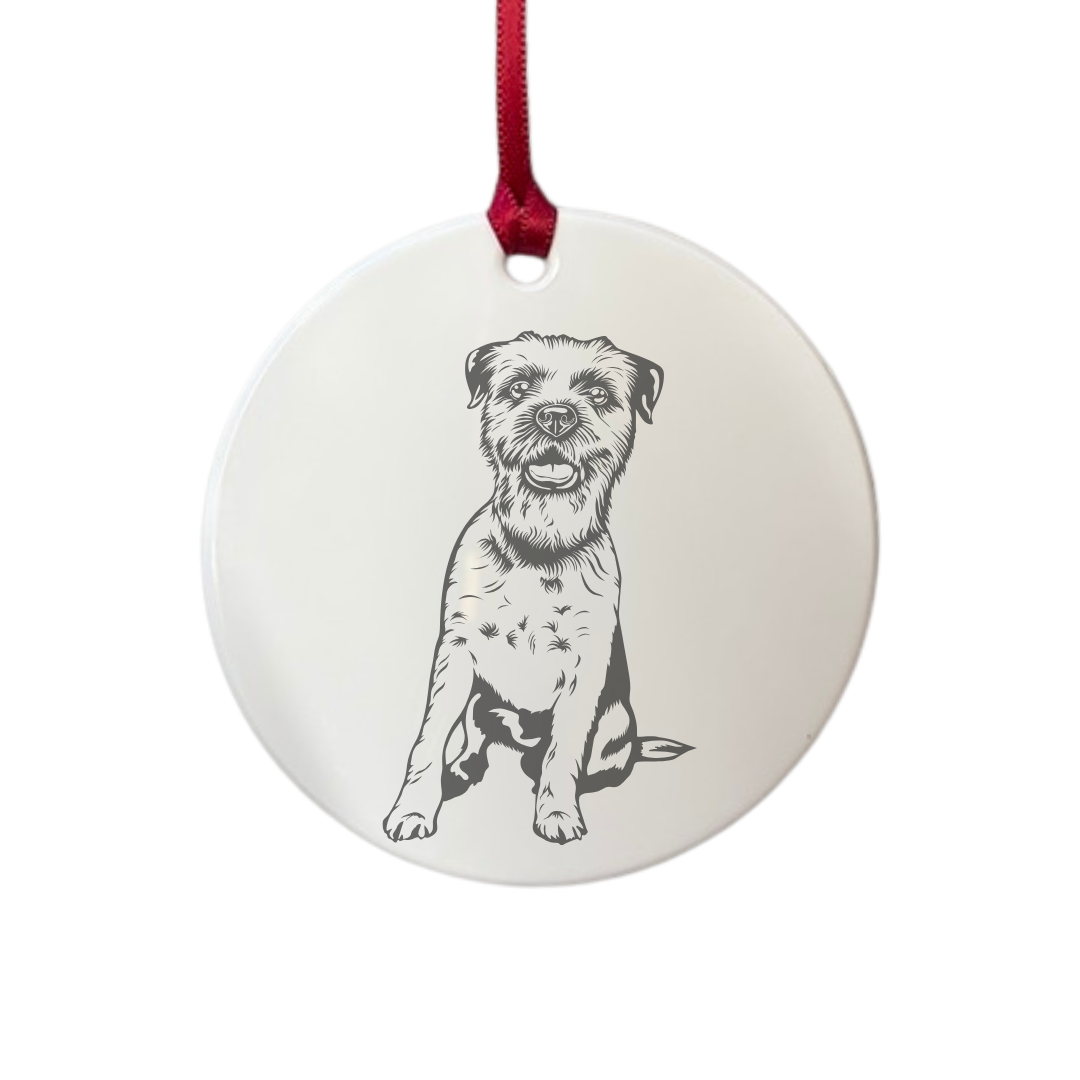Personalised Border Terrier Sitting Engraved White Acrylic Decoration