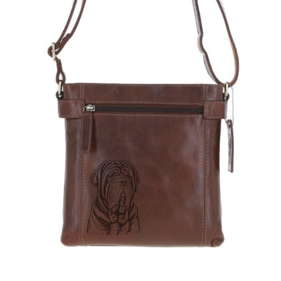 Neapolitan Mastiff Face Engraved Leather Two Section Zip Top Crossbody Bag