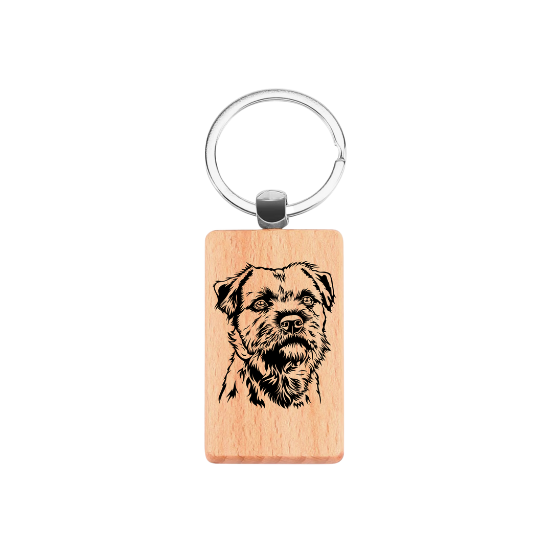 Border Terrier Face Engraved Rectangle Wooden Keyring