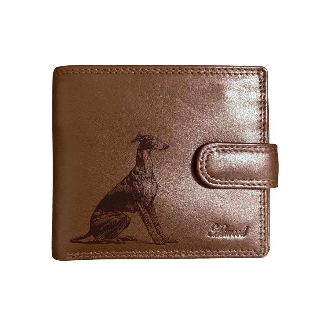 Personalised Greyhound Sitting Engraved Dark Tan Genuine Leather Wallet