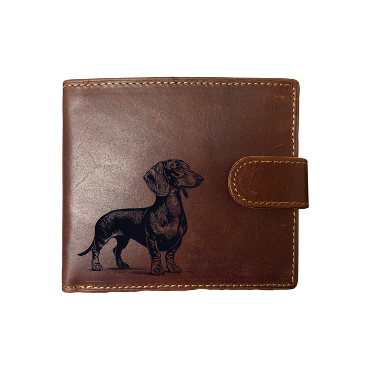 Personalised Dachshund Standing Engraved Dark Tan Genuine Leather Wallet