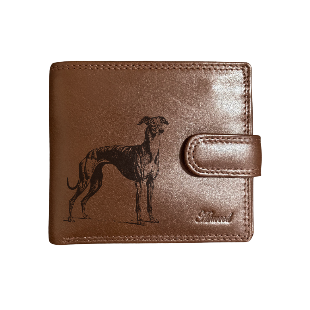 Personalised Greyhound Standing Engraved Dark Tan Genuine Leather Wallet