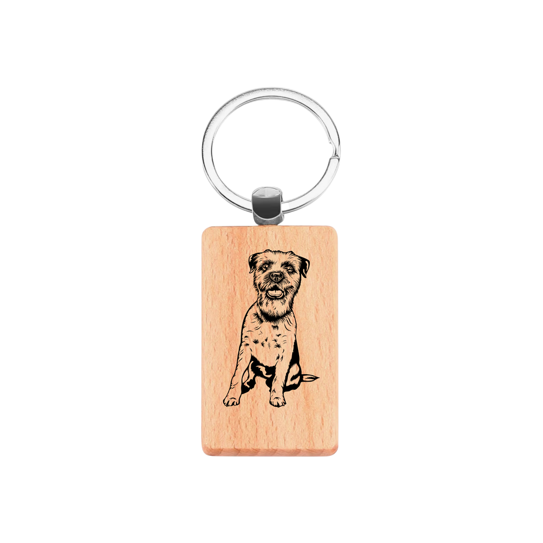 Border Terrier Sitting Engraved Rectangle Wooden Keyring