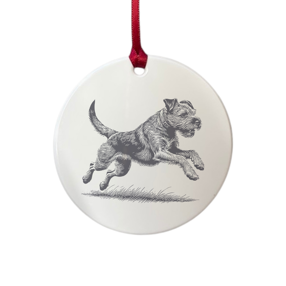 Personalised Border Terrier Running Engraved White Acrylic Decoration