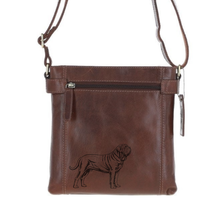 Neapolitan Mastiff Standing Engraved Leather Two Section Zip Top Crossbody Bag