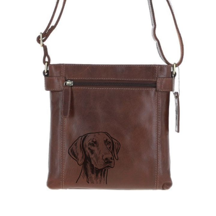 Dobermann Engraved Leather Two Section Zip Top Crossbody Bag