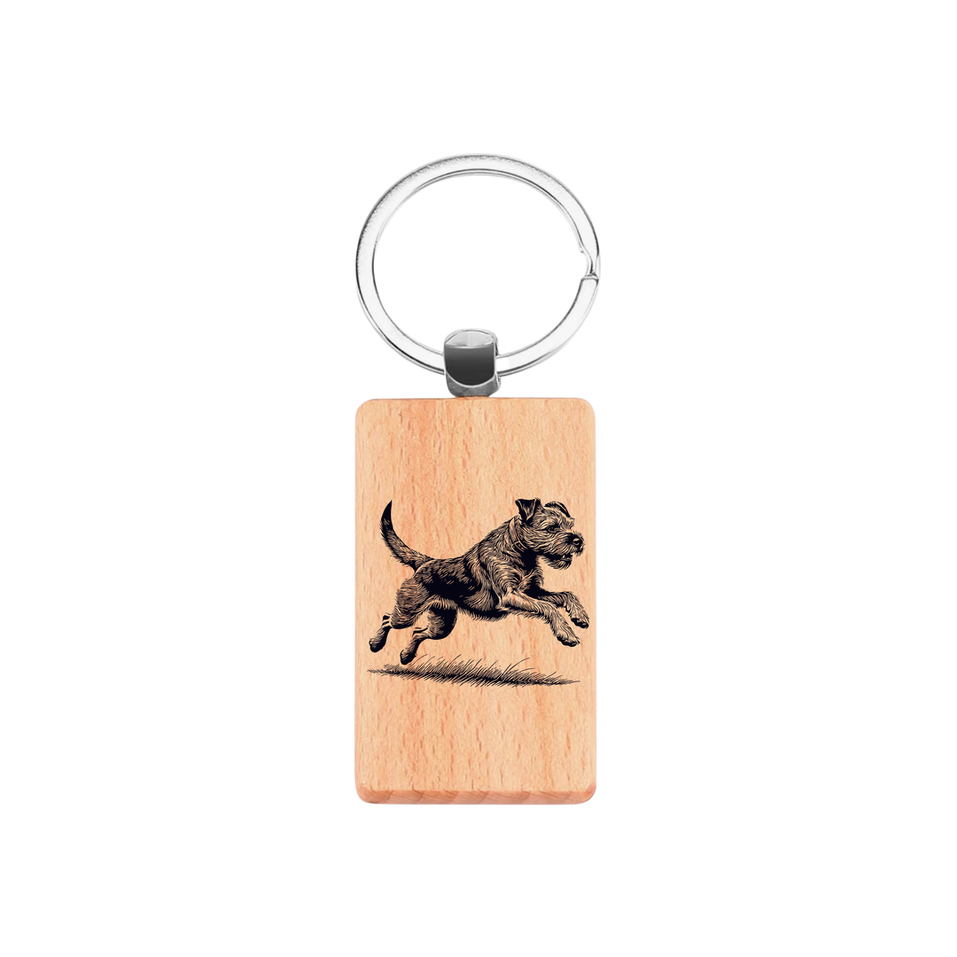 Border Terrier Running Engraved Rectangle Wooden Keyring