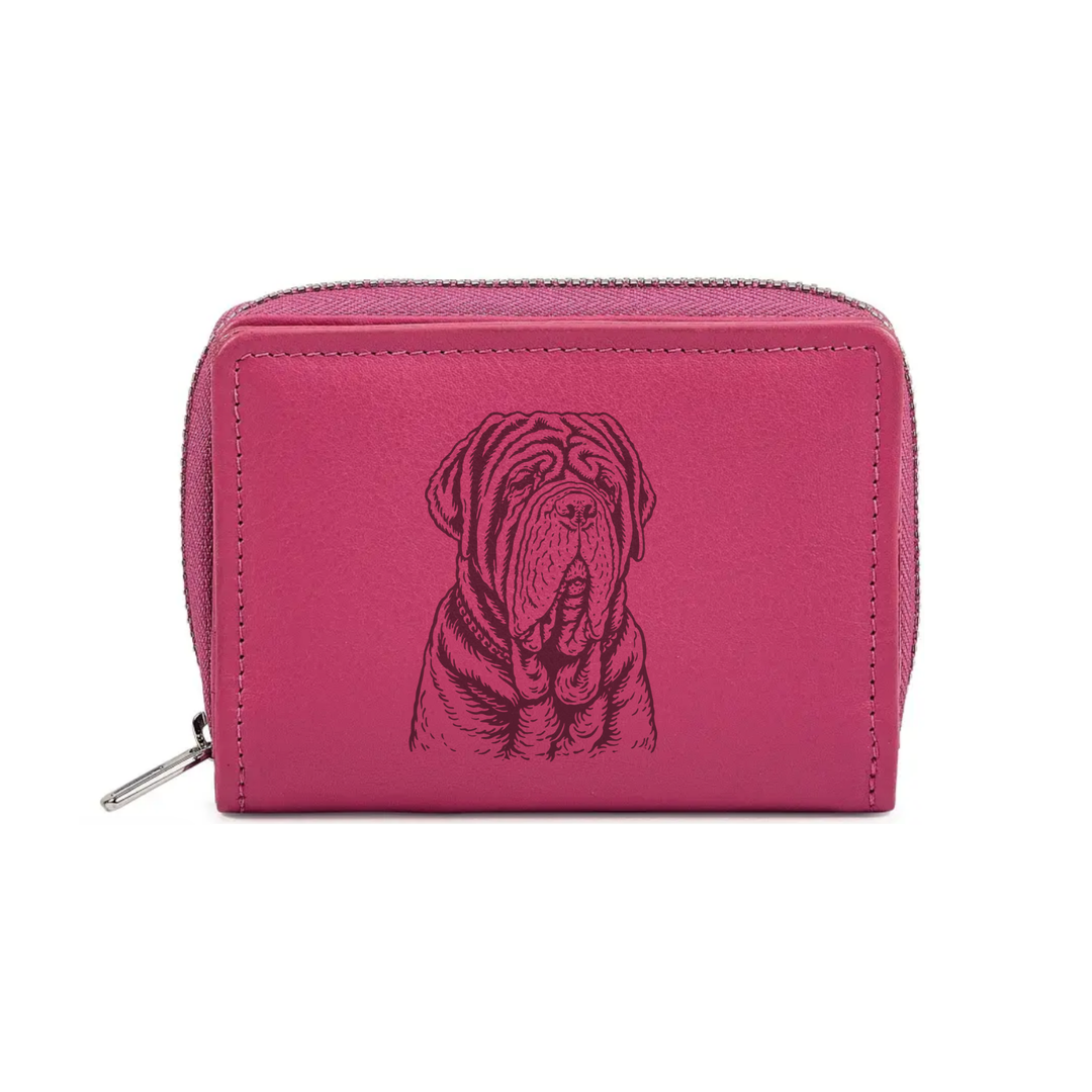 Neapolitan Mastiff Face Engraved Small Leather Purse (Green/Pink/Blue/Red)