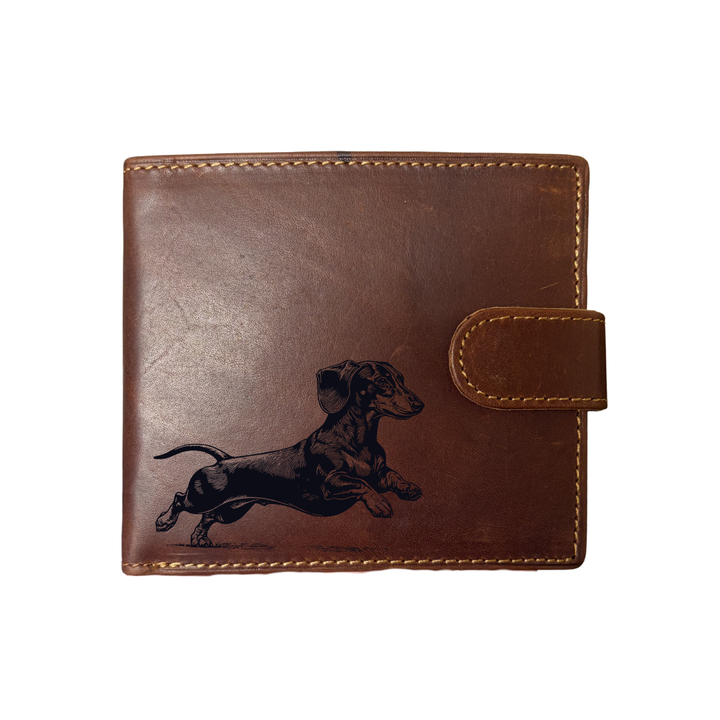 Personalised Dachshund Running Engraved Dark Tan Genuine Leather Wallet