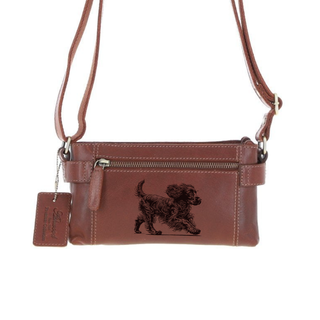Personalised Spaniel SP Engraved Small Leather Two Section Zip Top Crossbody Bag