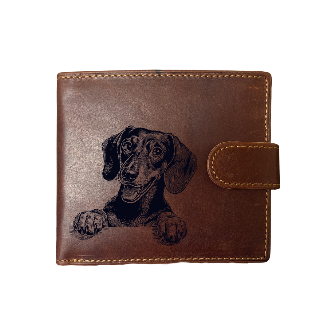 Personalised Dachshund Paws Engraved Dark Tan Genuine Leather Wallet