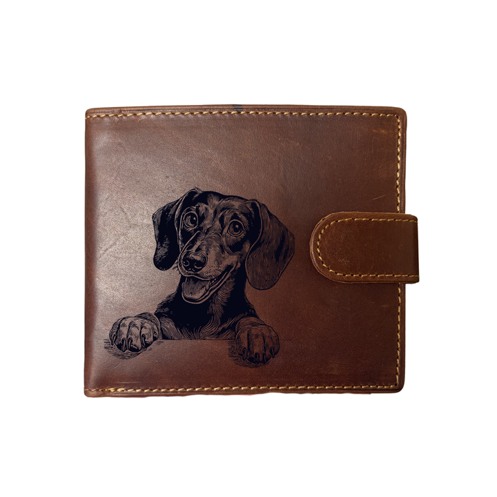 Personalised Dachshund Paws Engraved Dark Tan Genuine Leather Wallet