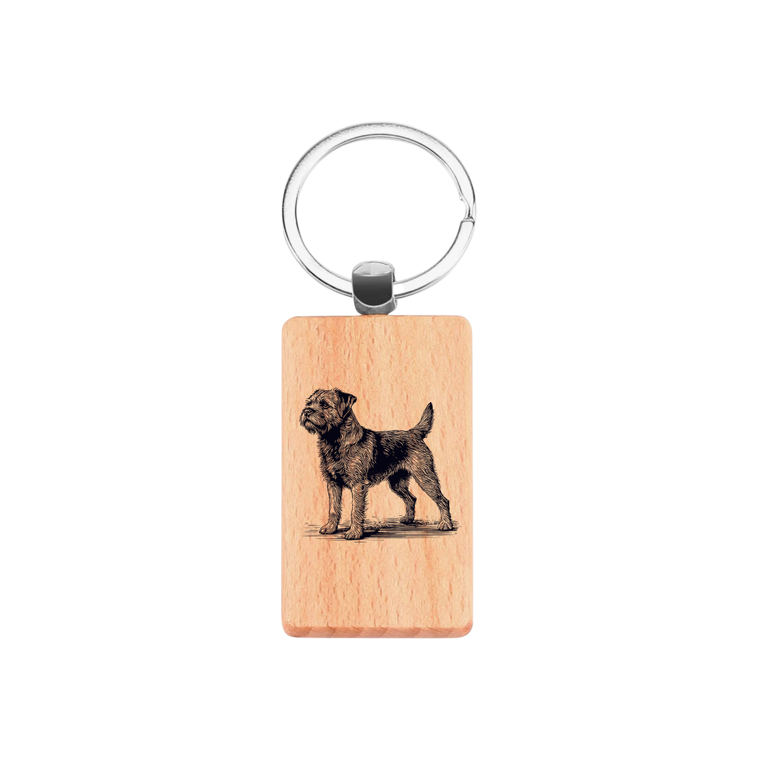 Border Terrier Standing Engraved Rectangle Wooden Keyring