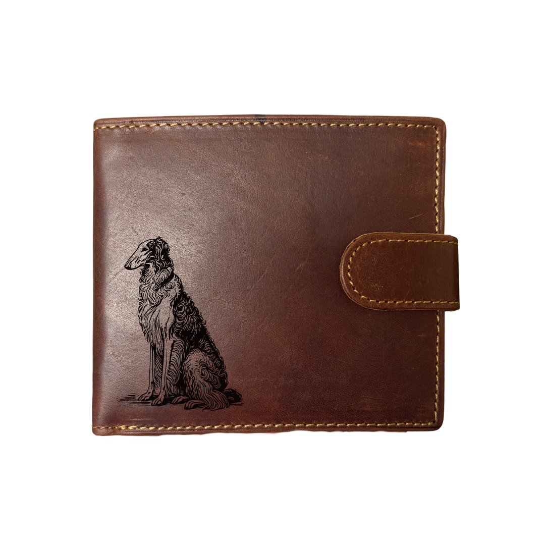 Personalised Borzoi Sitting Engraved Dark Tan Genuine Leather Wallet