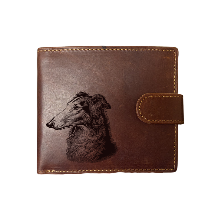 Personalised Borzoi Face Engraved Dark Tan Genuine Leather Wallet