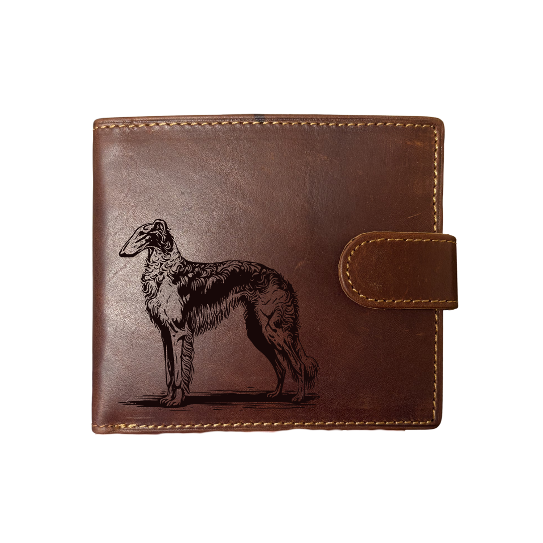 Personalised Borzoi Standing Engraved Dark Tan Genuine Leather Wallet