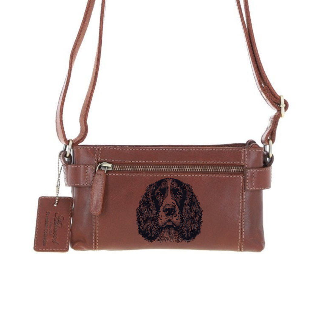 Personalised English Springer Spaniel Running Engraved Small Leather Two Section Zip Top Crossbody Bag