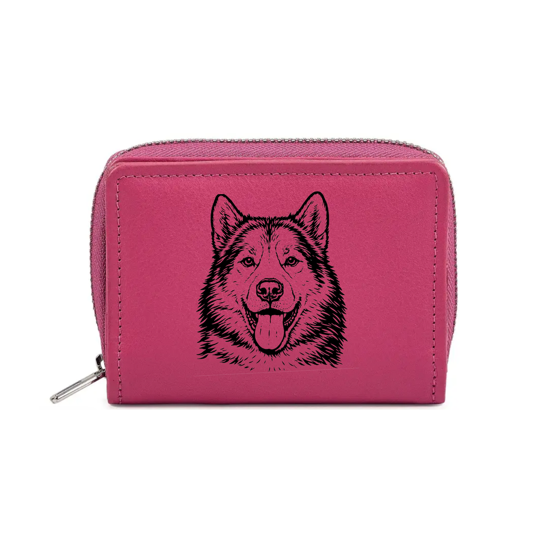 Canadian Eskimo Dog Face Engraved Small Leather Purse (Green/Pink/Blue/Red)