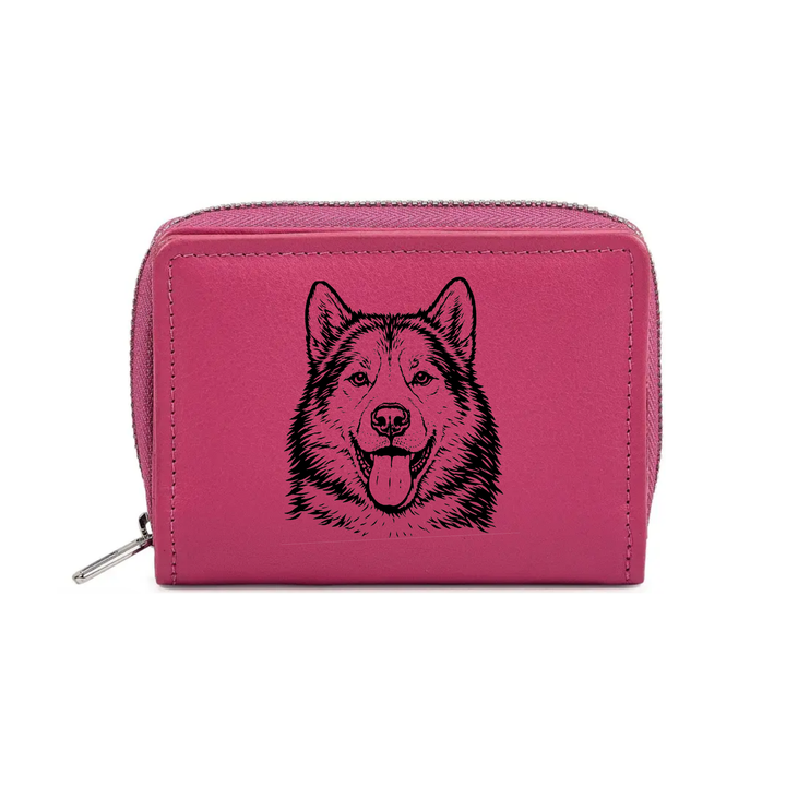 Canadian Eskimo Dog Face Engraved Small Leather Purse (Green/Pink/Blue/Red)