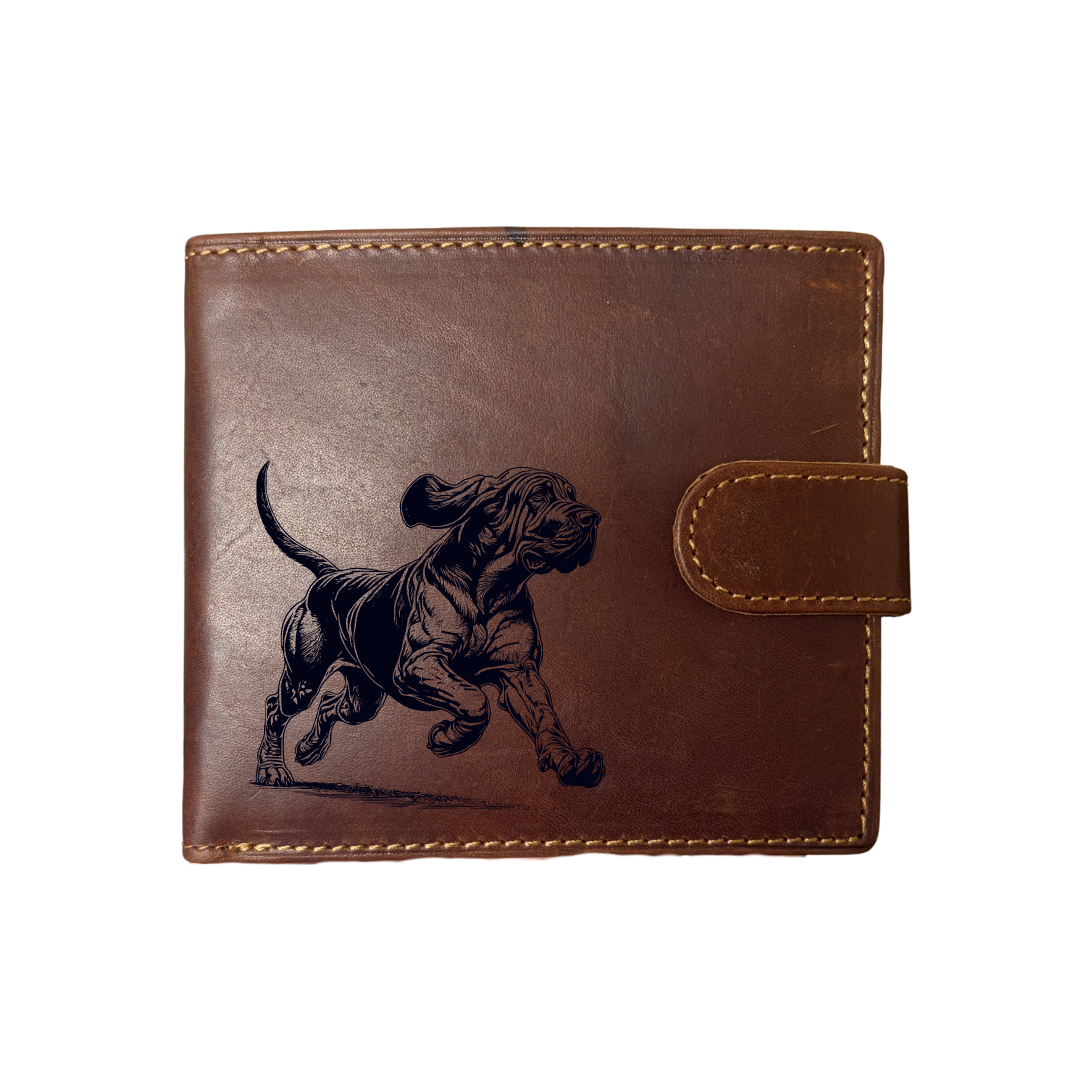 Personalised Bloodhound Running Engraved Dark Tan Genuine Leather Wallet