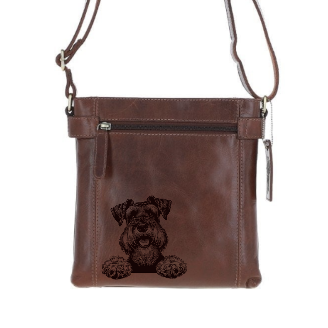 Giant Schnauzer Paws Engraved Leather Two Section Zip Top Crossbody Bag