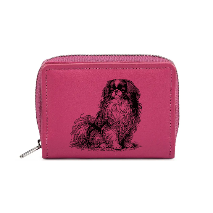 Japanese Chin Sitting Engraved Small Leather Purse (Green/Pink/Blue/Red)