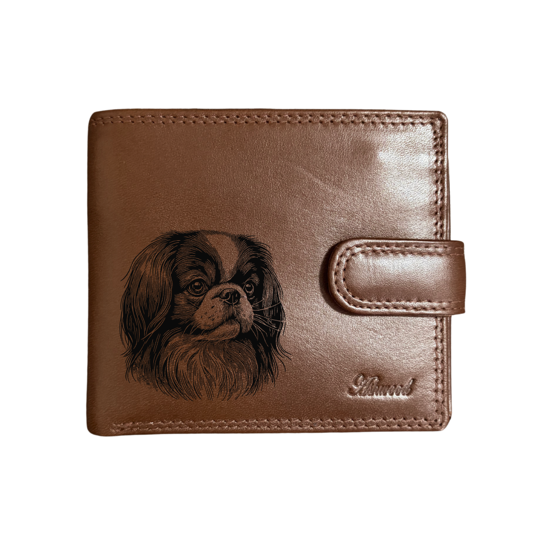 Personalised Japanese Chin Face Engraved Dark Tan Genuine Leather Wallet