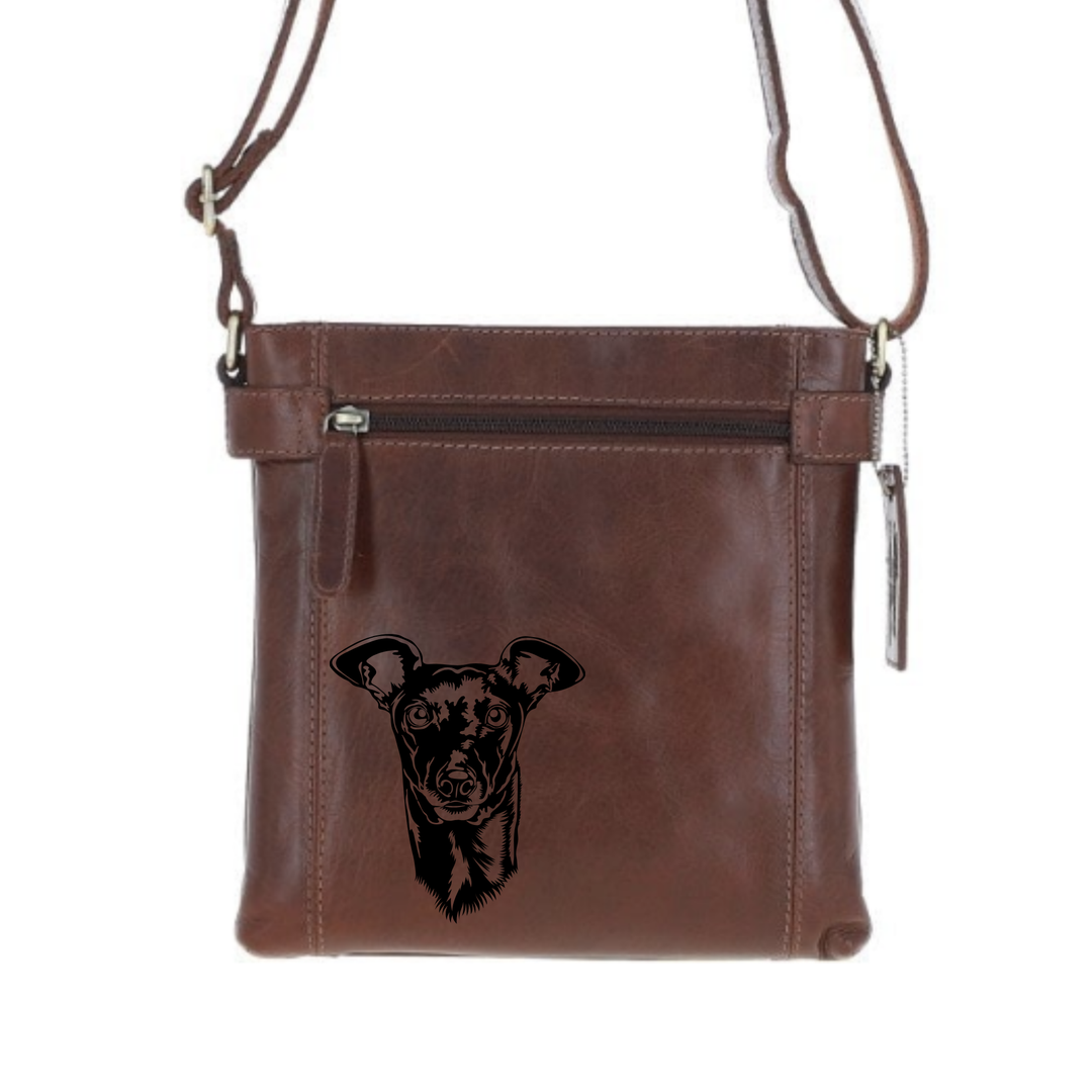 Italian Greyhound Face Engraved Leather Two Section Zip Top Crossbody Bag