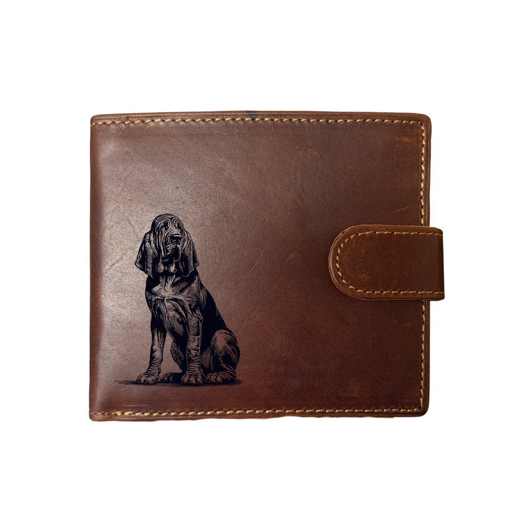 Personalised Bloodhound Sitting Engraved Dark Tan Genuine Leather Wallet
