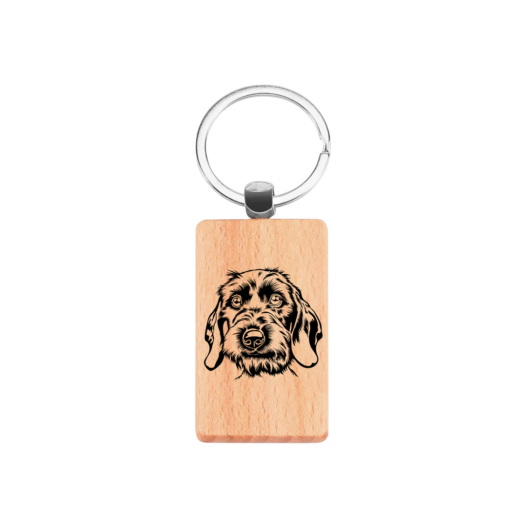 Wirehair Dachshund Face Engraved Rectangle Wooden Keyring