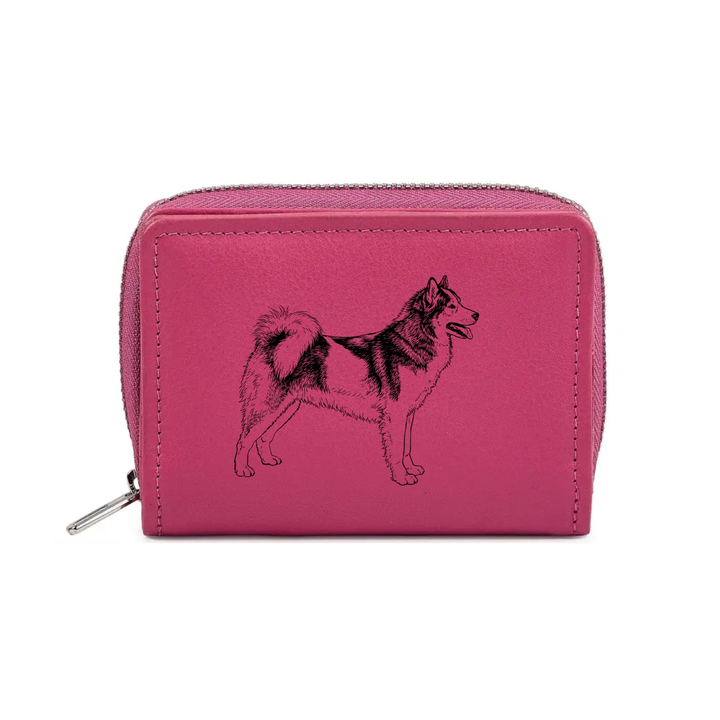 Canadian Eskimo Dog Standing Engraved Small Leather Purse (Green/Pink/Blue/Red)