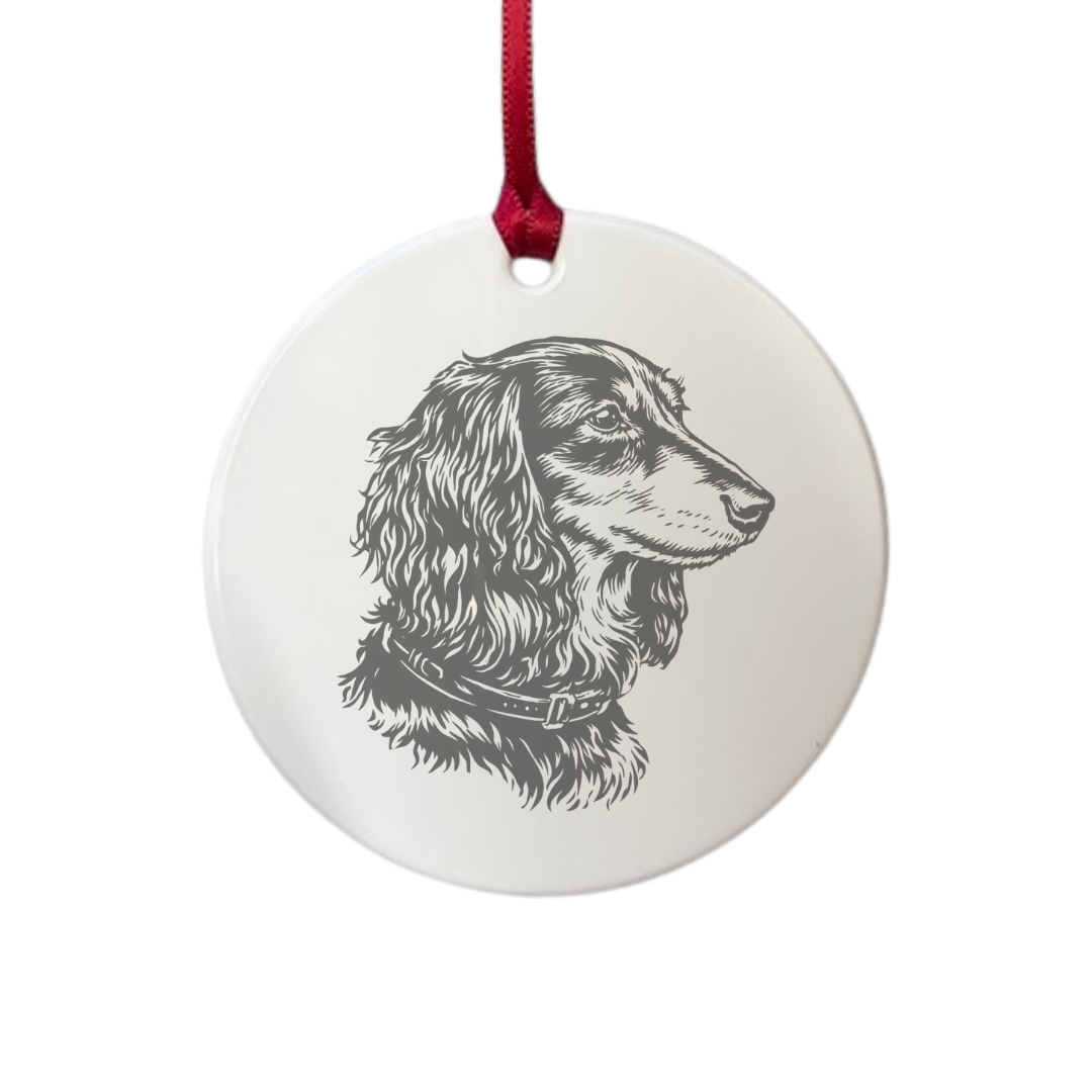 Personalised Longhaired Dachshund Face Engraved White Acrylic Decoration