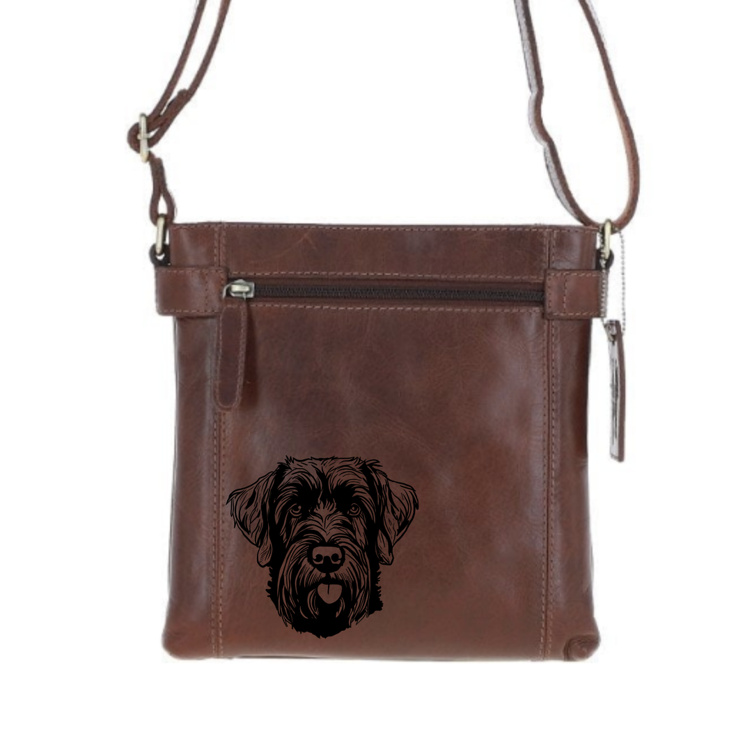 Russian Black Terrier Engraved Leather Two Section Zip Top Crossbody Bag
