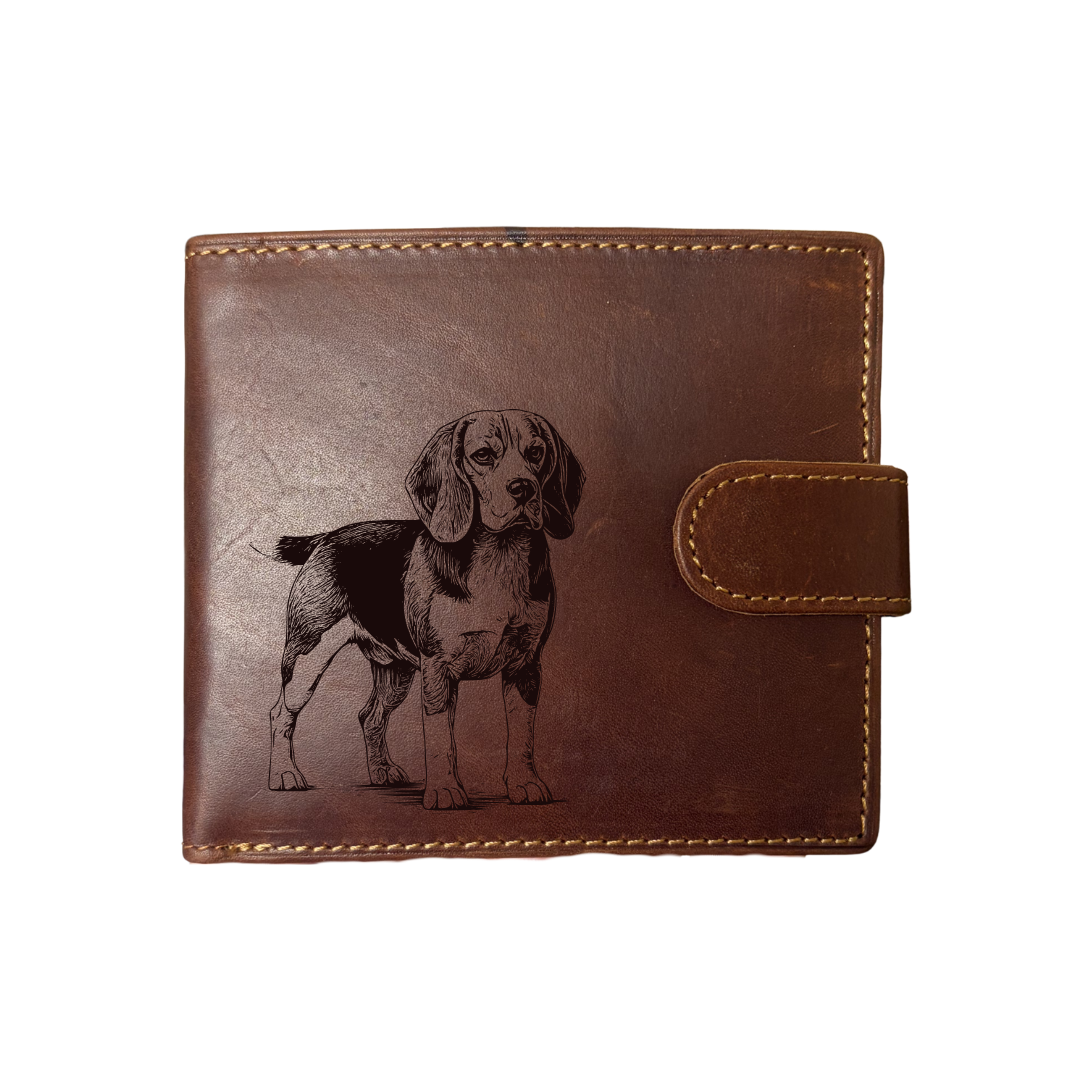 Personalised Beagle Standing Engraved Dark Tan Genuine Leather Wallet