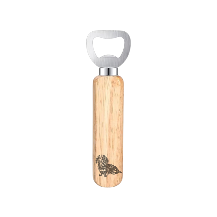 Longhaired Dachshund Sitting Engraved Wooden Bottle Opener