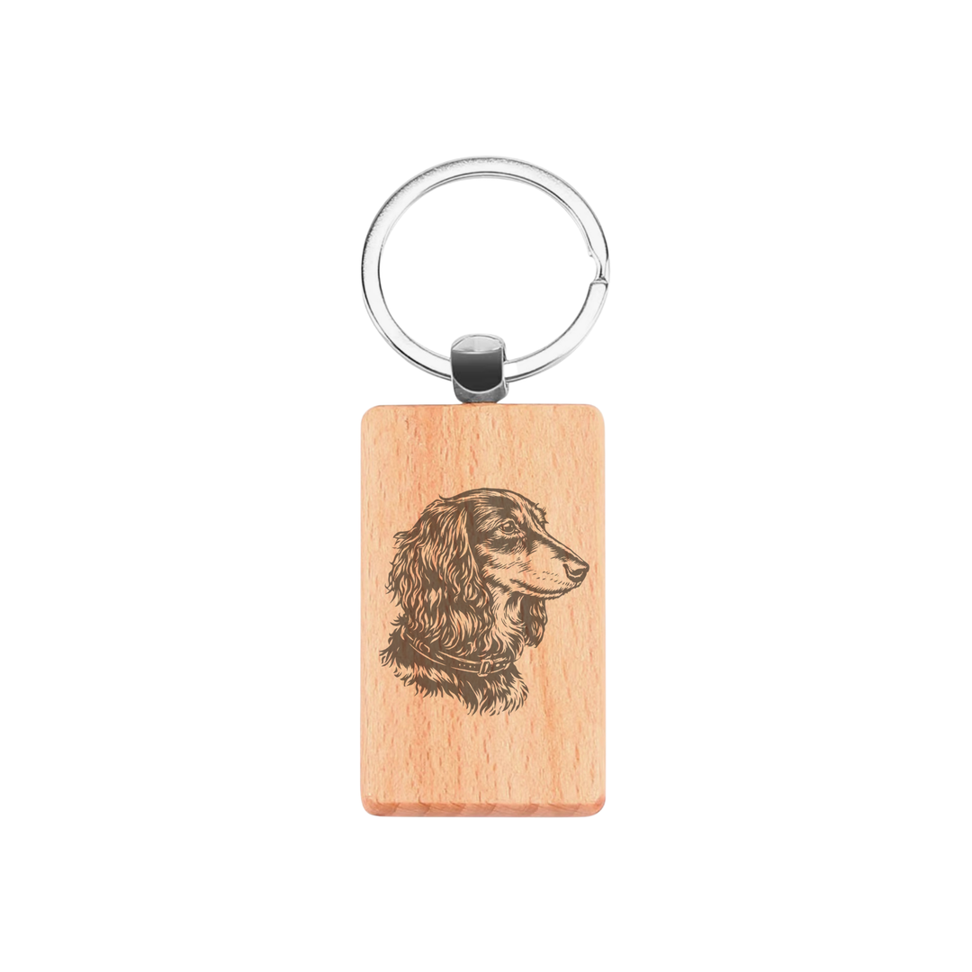 Longhair Dachshund Face Engraved Rectangle Wooden Keyring