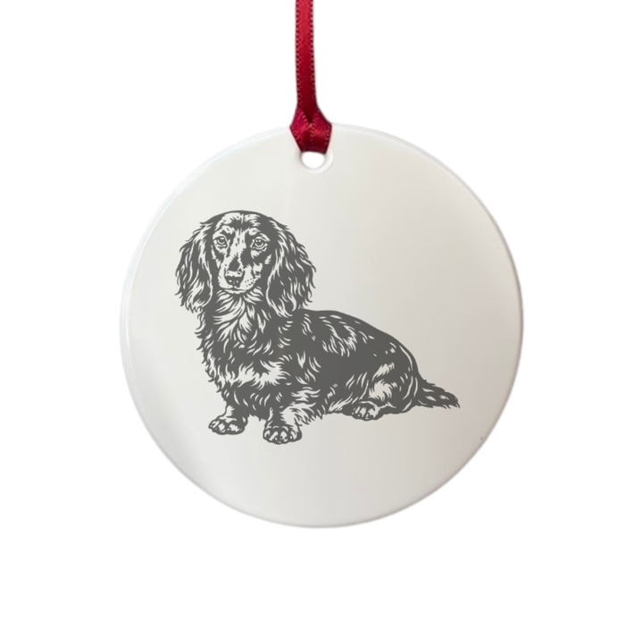 Personalised Longhaired Dachshund Sitting Engraved White Acrylic Decoration