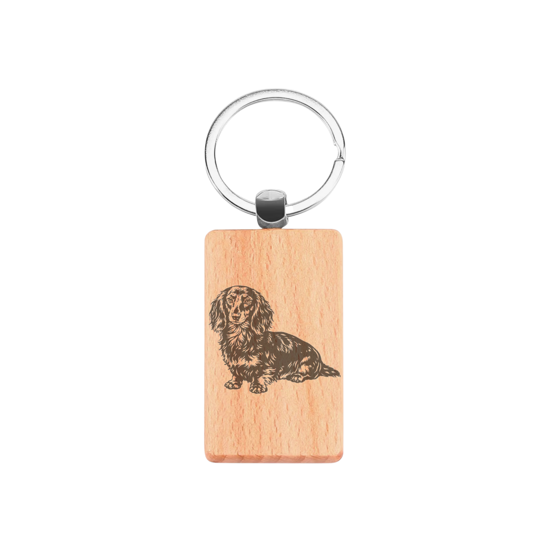 Longhair Dachshund Sitting Engraved Rectangle Wooden Keyring